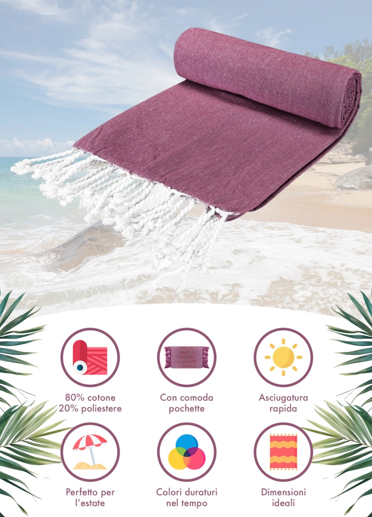 Telo Mare Con Frange Asciugamano Da Spiaggia Misura Grande 90x180 Cm Con Pochette Astuccio Assorbente In Morbido Cotone Leggero Stampa Tutti Al Mare AntiSabbia Lettino Vacanze Piscina Lilla