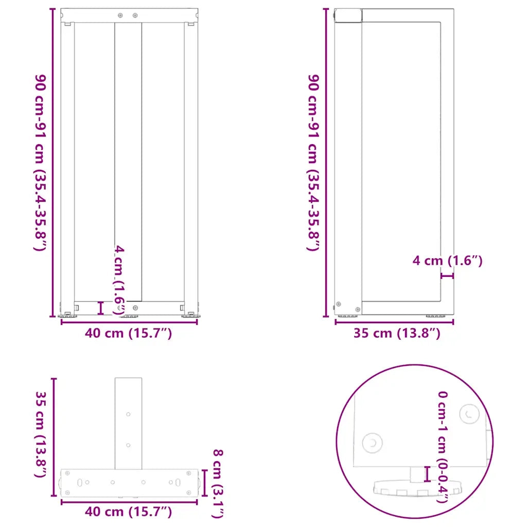 Gambe per tavolo da bar a forma di T 2 pz nere 40x35x(90-91) cm in acciaio