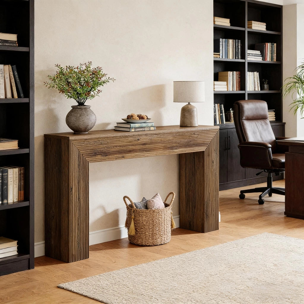 Consolle rustica in MDF con piano da 160 cm, struttura minimalista e uso versatile per ingresso e soggiorno, marrone