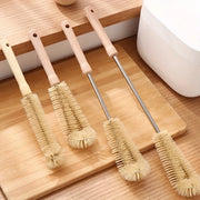 Set di 4 spazzole di pulizia con manico di legno | Spazzole a bottiglia/spazzole a cucchiaio con collo stretto, riciclabili, con gancio di appoggio per una facile conservazione