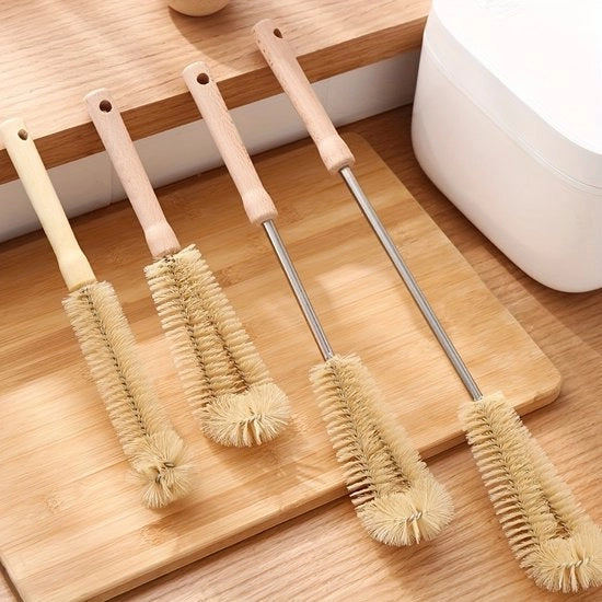 Set di 4 spazzole di pulizia con manico di legno | Spazzole a bottiglia/spazzole a cucchiaio con collo stretto, riciclabili, con gancio di appoggio per una facile conservazione