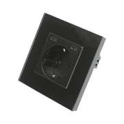 Presa Schuko nera 220V, 16A, 2xUSB-C 20W ricarica rapida, cornice in vetro 86x86x34mm
