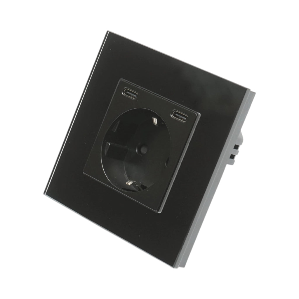 Presa Schuko nera 220V, 16A, 2xUSB-C 20W ricarica rapida, cornice in vetro 86x86x34mm