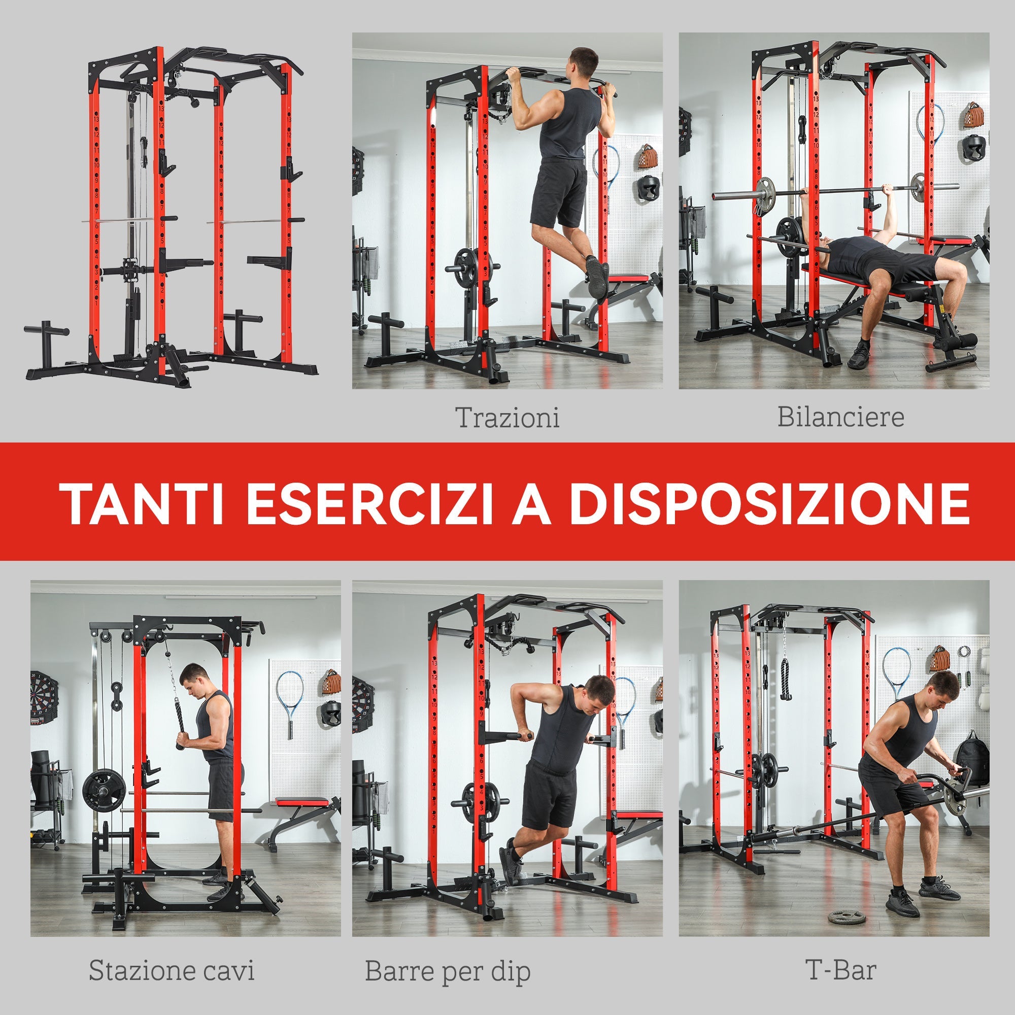 Stazione Fitness 191x153x205 cm Bilanciere Trazioni e Dip in Acciaio Rosso e Nero