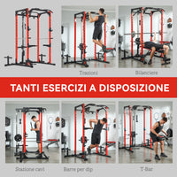 Stazione Fitness 191x153x205 cm Bilanciere Trazioni e Dip in Acciaio Rosso e Nero