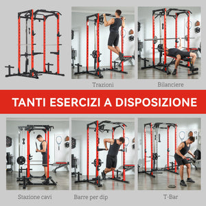 Stazione Fitness 191x153x205 cm Bilanciere Trazioni e Dip in Acciaio Rosso e Nero