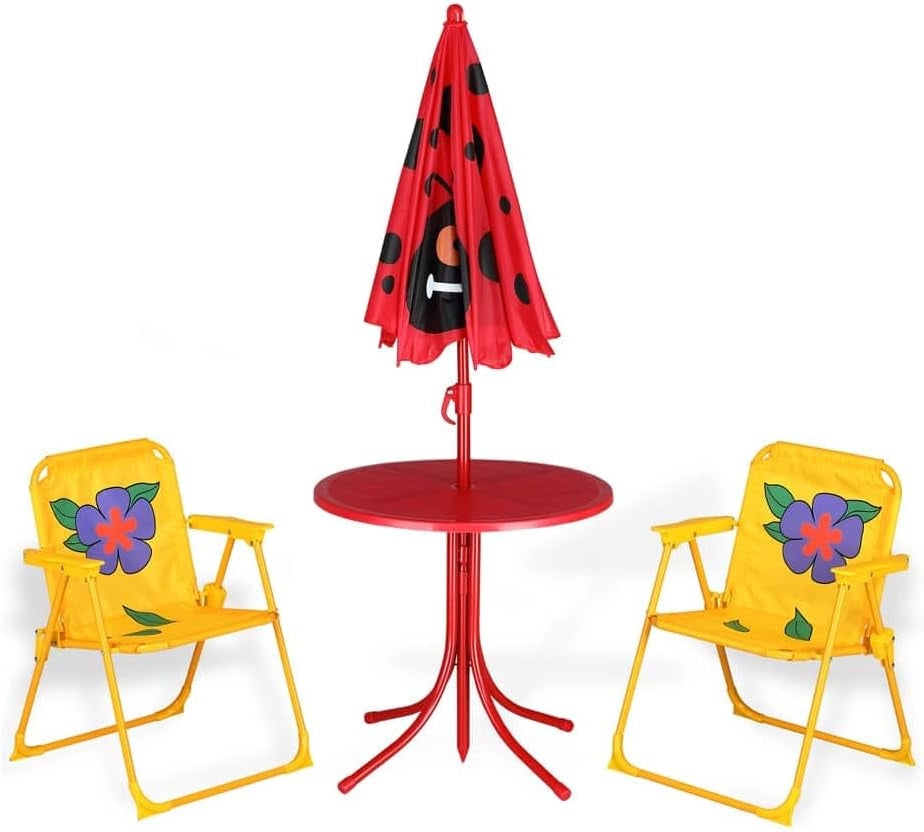 Set Mobili da Giardino per Bambini Tavolino 2 Seggioline Pieghevoli e Ombrellone Angoli arrotondati Fino 35kg Anti UV