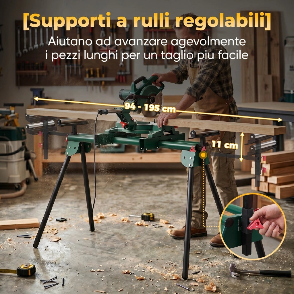Supporto per Troncatrice con Bracci Regolabili. Gambe Pieghevoli. Altezza Regolabile. Capacit¨¤ 150 kg. Verde