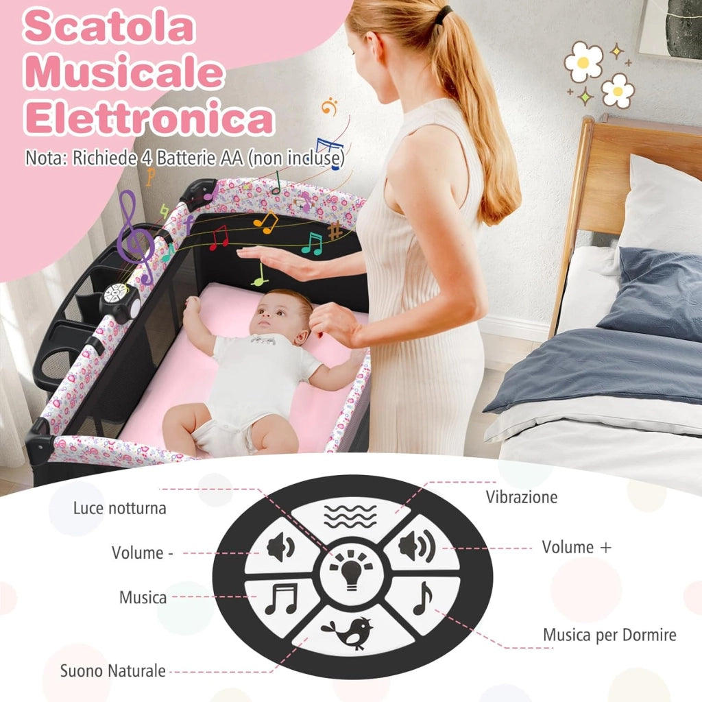4 in 1 Lettino Neonato con Materasso, Culla da Campeggio con Fasciatoio Cappottina Regolabile, Ruote Bloccabili, Box Piechevole per Bambini 0-36 Mesi (Fiore Grande)