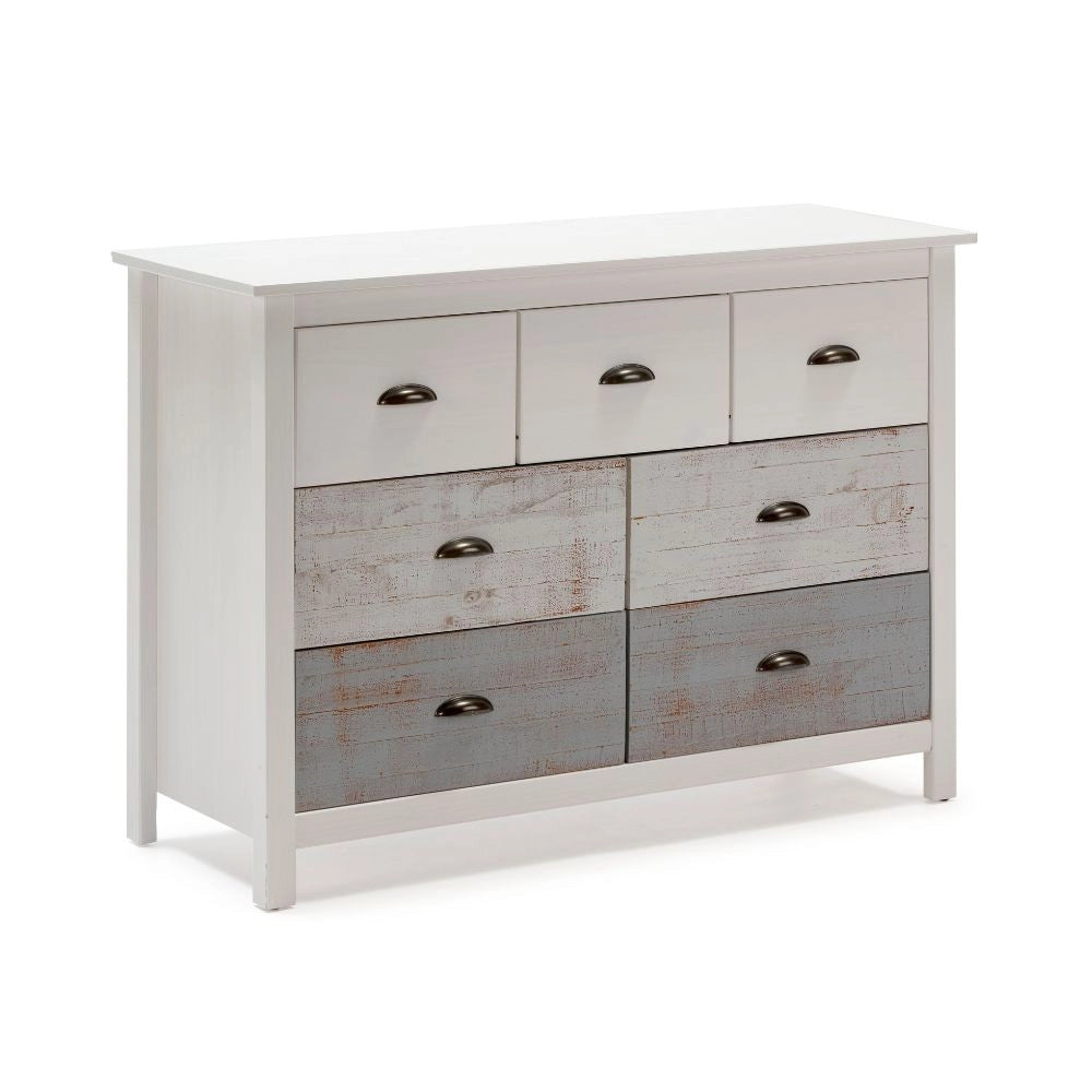 Comò in legno massiccio bianco e grigio Romantica 110x40x80H  – Eleganza Naturale con 7 cassetti