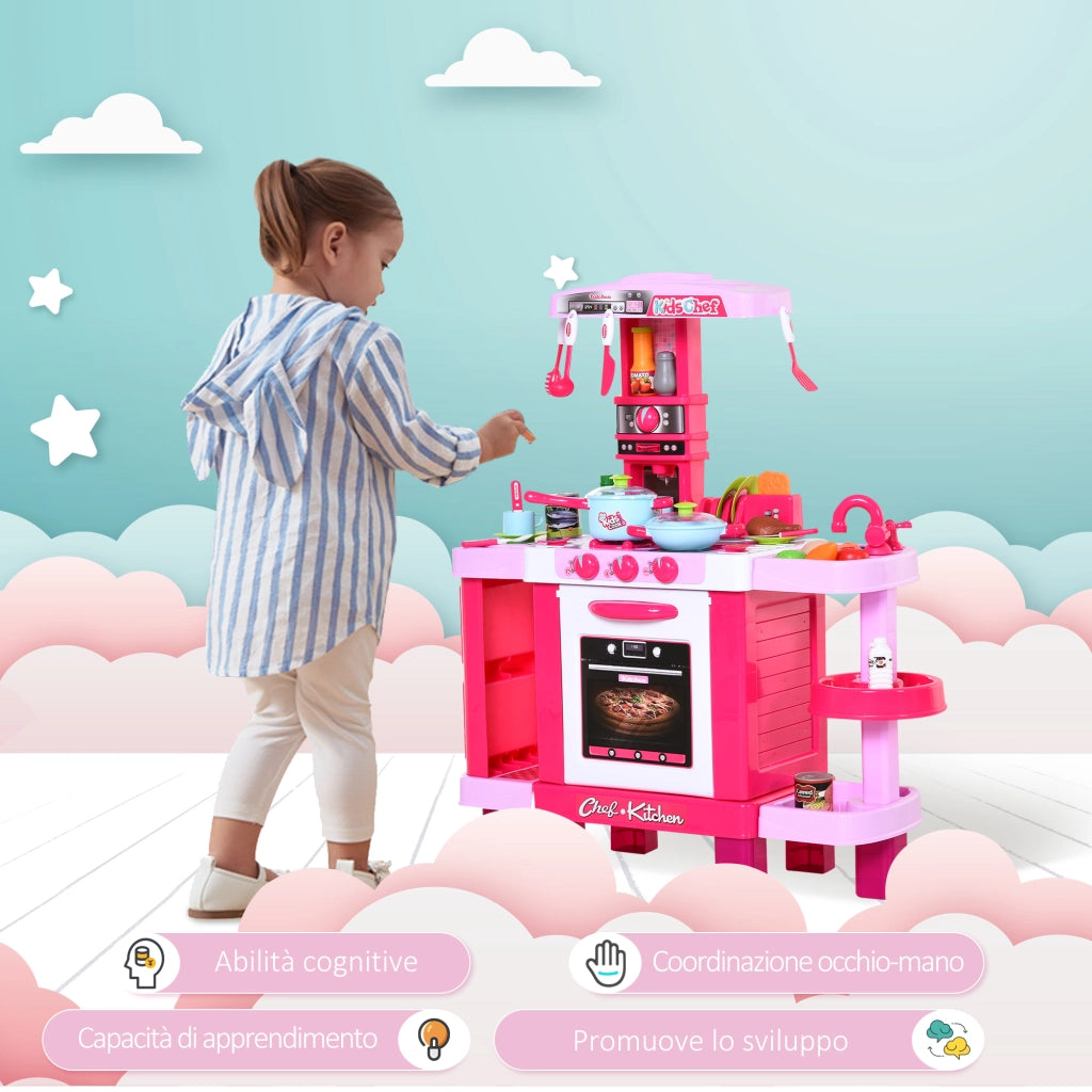 Cucina Giocattolo per Bambini con 38 Accessori Inclusi, con Luci e Suoni Realistici, 78x29x87 cm, Rosa
