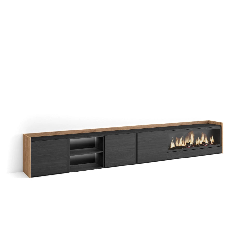 Mobile TV Soggiorno, 315x50x35 cm, Per TV fino a 80", Camino elettrico XXL, LED, Nero e rovere
