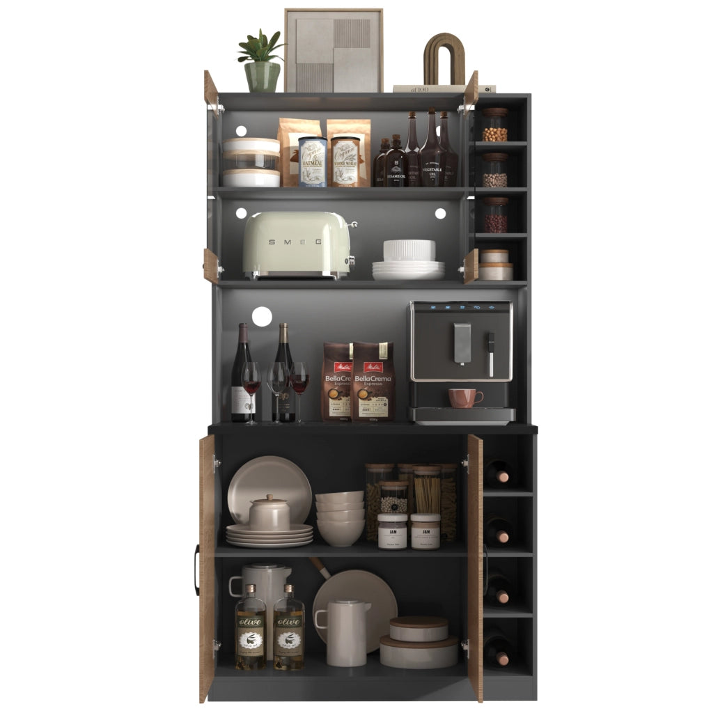 Credenza da cucina 100x47x187 cm grigia e bianca, LED, passacavi, per microonde