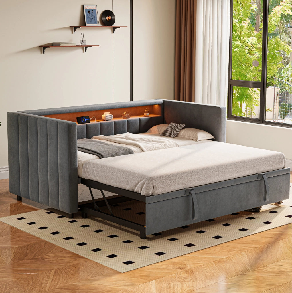 Letto estraibile 90x190 cm con LED e USB-Type-C in velluto grigio scuro
