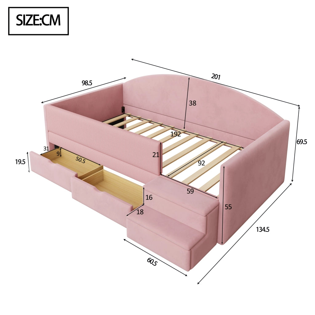 LETTO imbottito 90x190 cm Rosa con 2 cassetti e scaletta