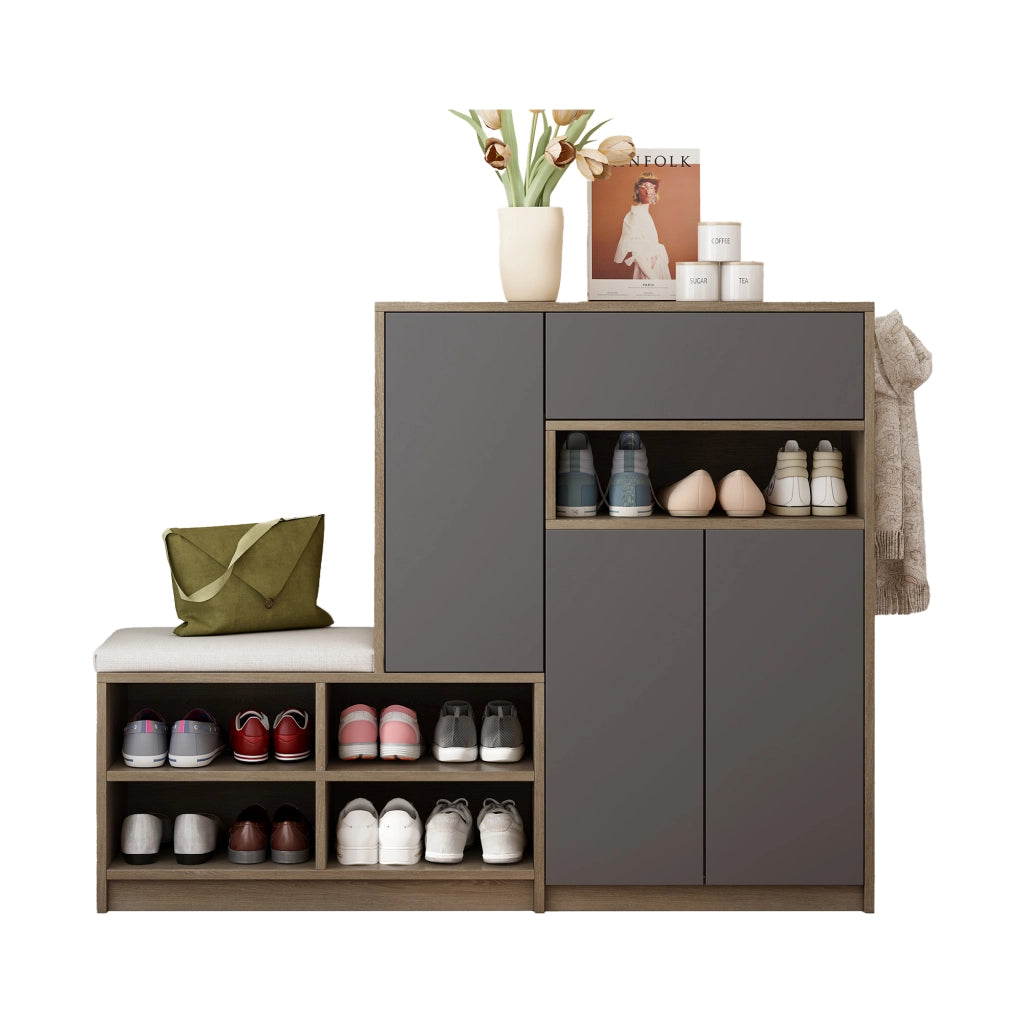 Panca portascarpe e armadio scarpe multifunzione con seduta imbottita e ripiani regolabili, grigio, 140/35/110 cm