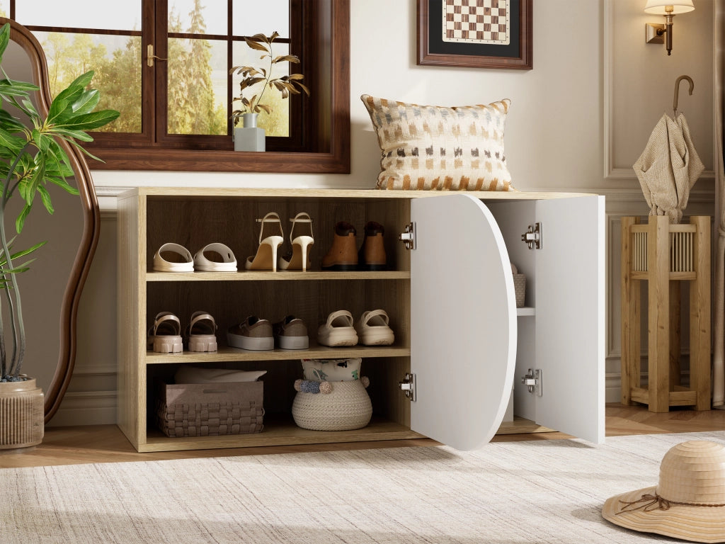 Scarpiera con 2 ante, apertura a pressione, per ingresso e corridoio, in truciolare, bianco naturale, 104 × 37 × 50 cm