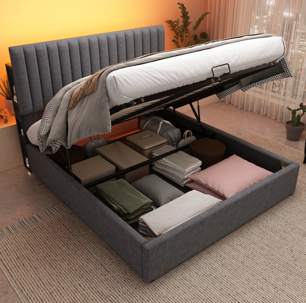 Letto matrimoniale con LED, USB e contenitore integrato