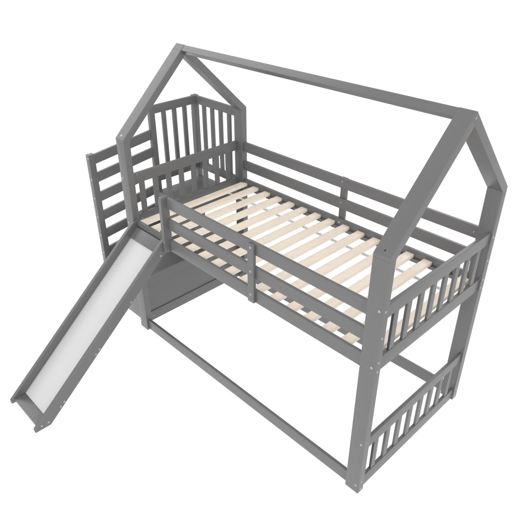 Letto a castello 90x200 cm con scivolo e vano portaoggetti in pino grigio