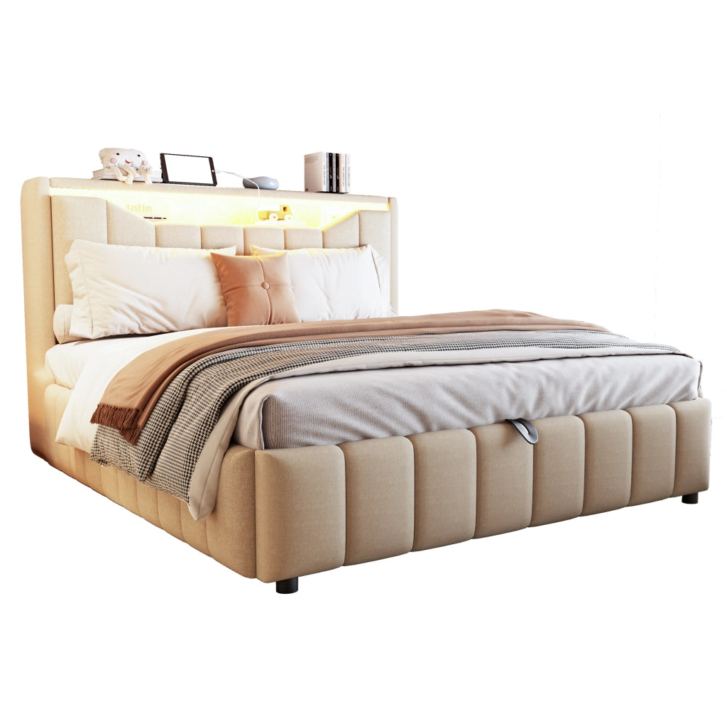 Letto imbottito 140x200 cm con contenitore idraulico, LED e porte USB