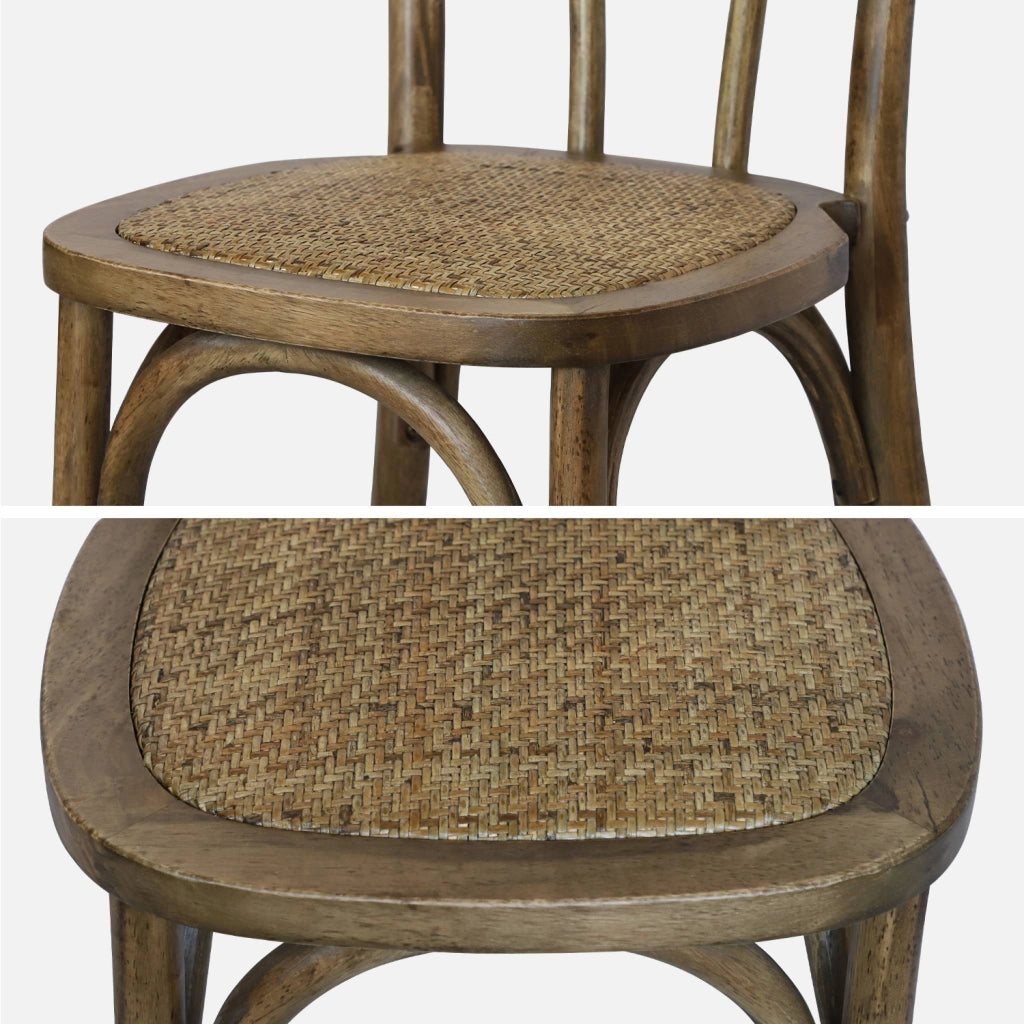 Set 2 sedie vintage in legno e rattan, marrone