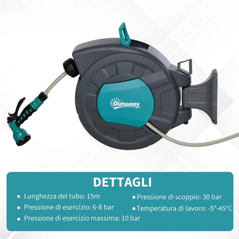AVVOLGITUBO AUTOMATICO A PARETE GIREVOLE A 180°, TUBO DA 15M E PISTOLA MULTIFUNZIONE