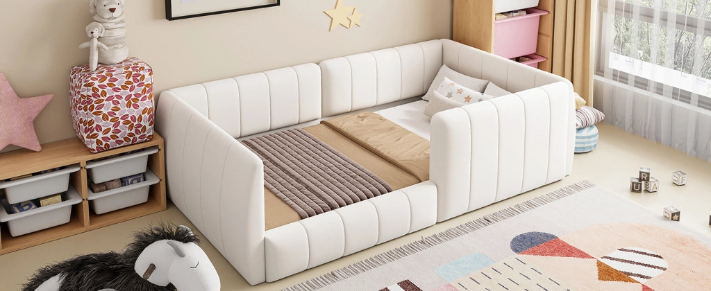 DESMIU Letto bambino 90 × 200 cm con sponda di sicurezza, in MDF e velluto, senza materasso, beige