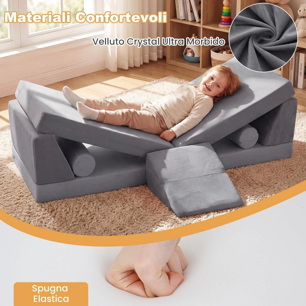 Divano Componibile per Bambini, Divanetto Modurale Sottovuoto 10 Pezzi, per Gioco e Riposo, con Imbottitura in Spugna e Rivestimento in Velluto Cristallo, Fodera Rimovibile e Lavabile (Grigio)