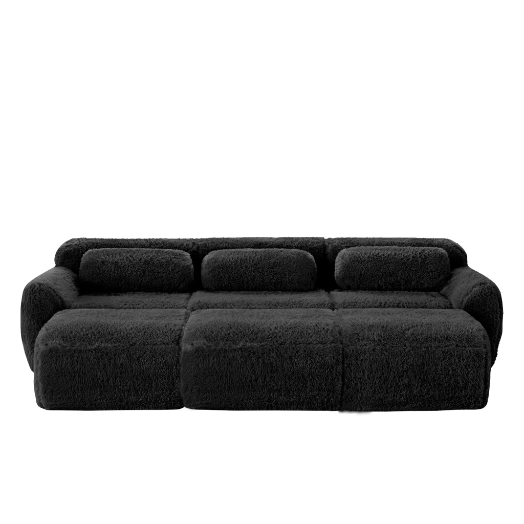 Divano Modulare 3 Posti con 3 Pouf; Senza Montaggio; Seduta Ampia Comfort Nuvola; in Peluche Nero