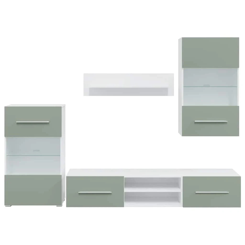 Set di 5 mobili TV moderni con illuminazione a LED e vani portaoggetti 120 x 39,5 x 34 cm realizzati in legno composito verde oliva 02_0055747
