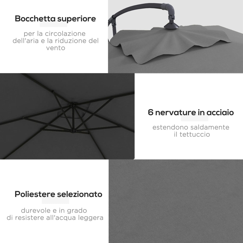 Ombrellone da Giardino Decentrato con Base a Croce e Apertura a Manovella 294x193cm Grigio