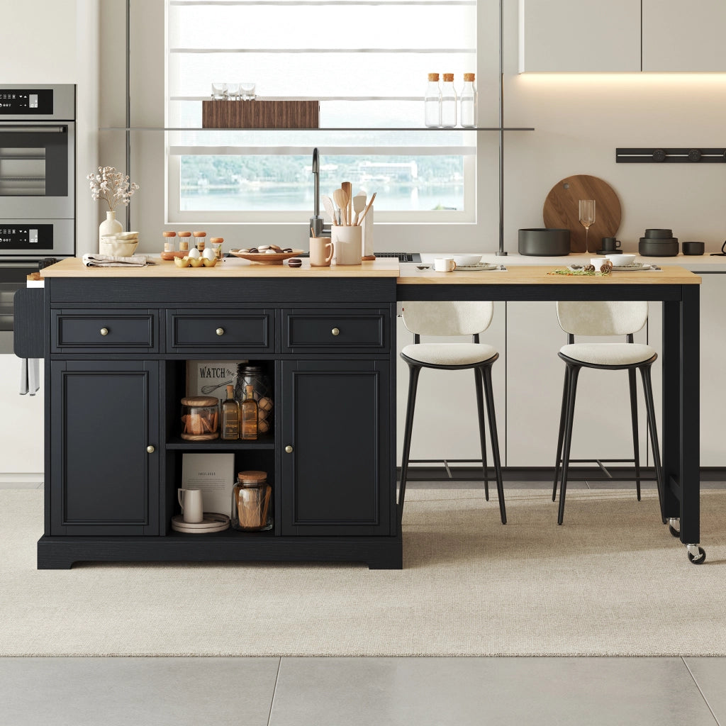 Mobile contenitore con 3 cassetti; piano estraibile e ruote - per cucina e sala da pranzo - nero naturale - 112-188x45x92 cm