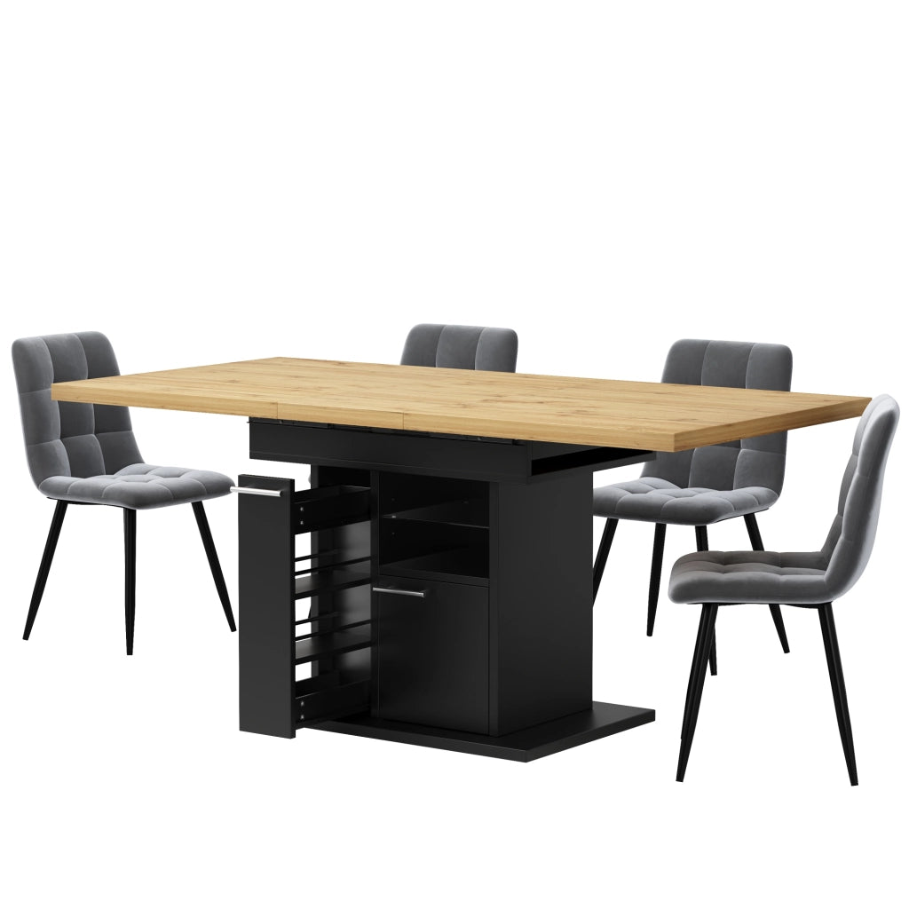 Tavolo da pranzo allungabile 110-140x80x77.2 cm con spazio contenitivo e luci LED in MDF nero