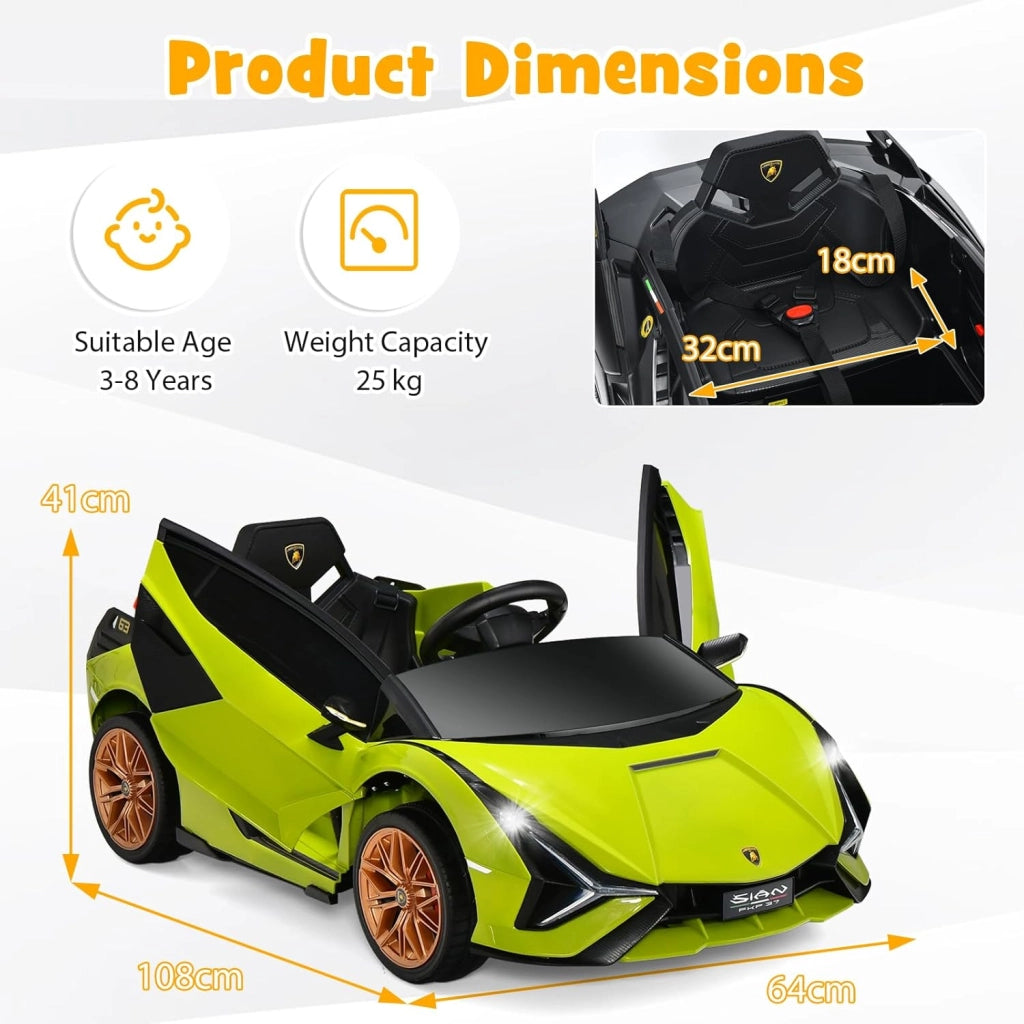 Macchina Elettrica per Bambini Lamborghini SIAN 12V con Telecomando, Auto Elettrico a Pedale e Luci LED, Veicoli con Musica, MP3, Clacson e Radio, Carico 25 kg, 3-8 Anni (Verde)