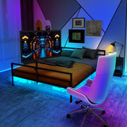 Letto per adulti in metallo nero con supporto monitor regolabile, luci LED e cestino, senza materasso