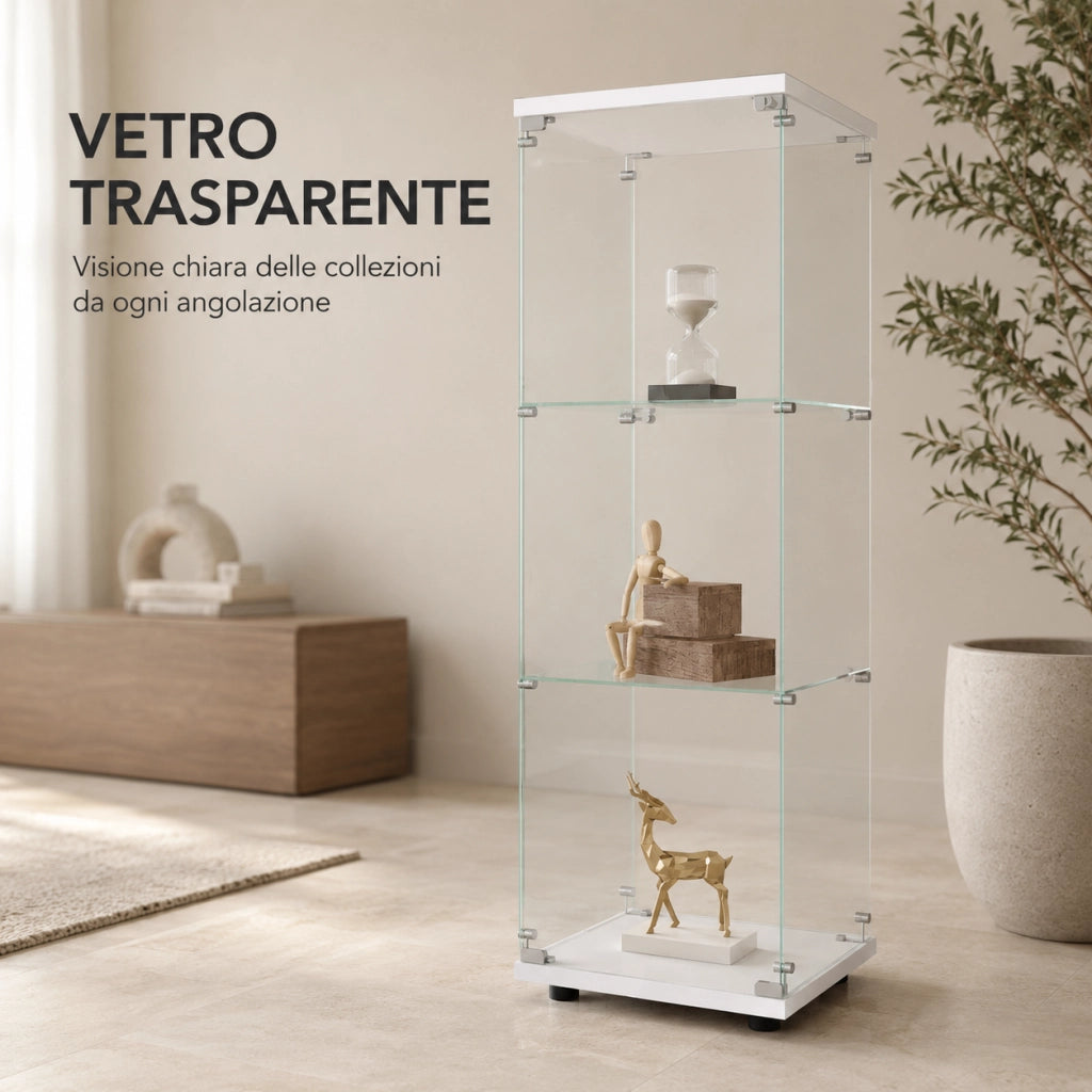 Vetrina espositiva in vetro temperato colore bianco con serratura e chiavi, 42,4x36,3x125,2cm, ripiani regolabili per figurine e collezioni