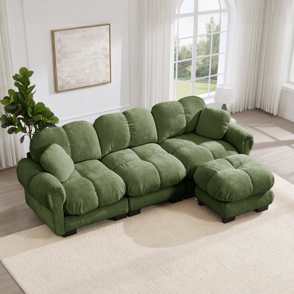 Divano angolare in ciniglia verde con pouf mobile HOMVRA