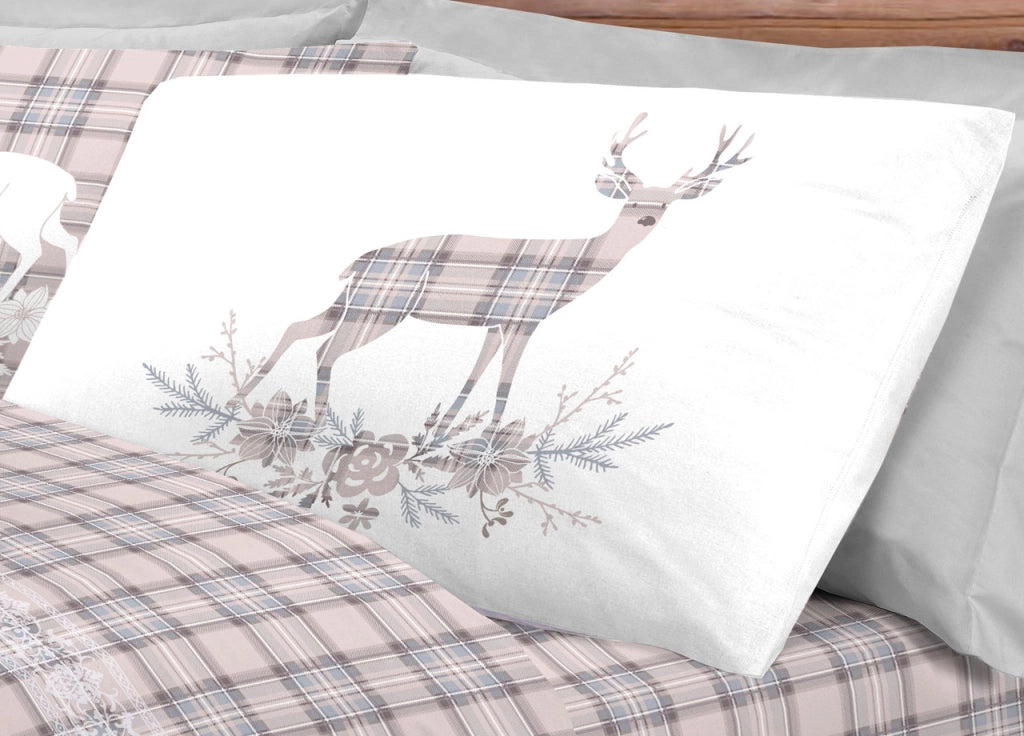 Completo Lenzuola Flanella Pensieri Delicati 100% Cotone Disegno Cervo Tartan - Matrimoniale - Beige