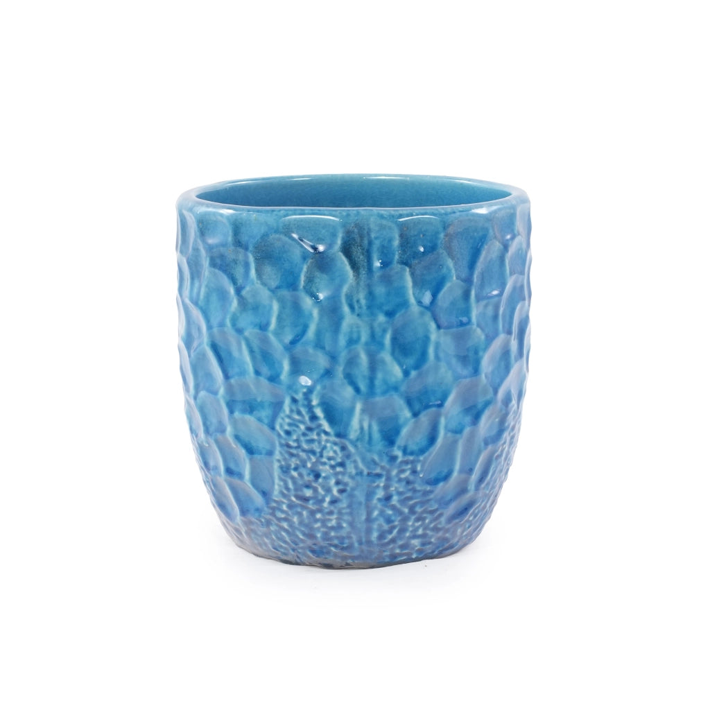 Set di 4 vasi in ceramica blu smaltata con rilievo martellato, per interno e esterno riparato