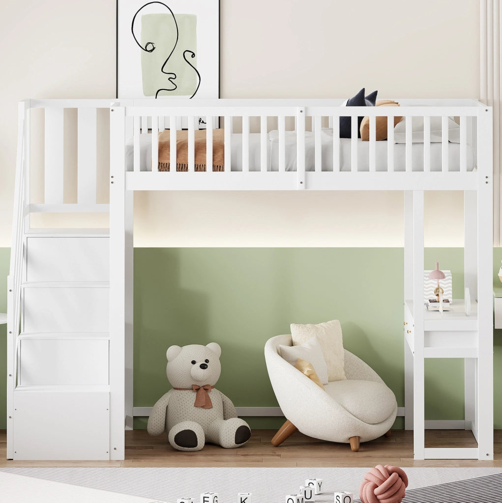 Letto a soppalco 90x200 con scrivania multifunzione e scala contenitore bianco