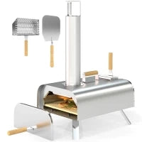 Forno per Pizza a Pellet di Legno con Pietra Refrattaria e Pala, in Acciaio Inox, 79x36x75 cm, Argento