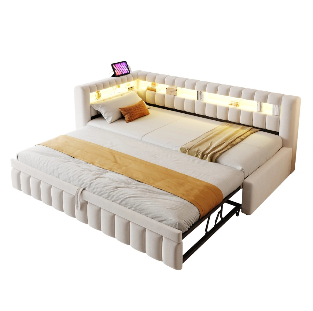 Divano letto estraibile 90x200 cm con LED e USB-C beige
