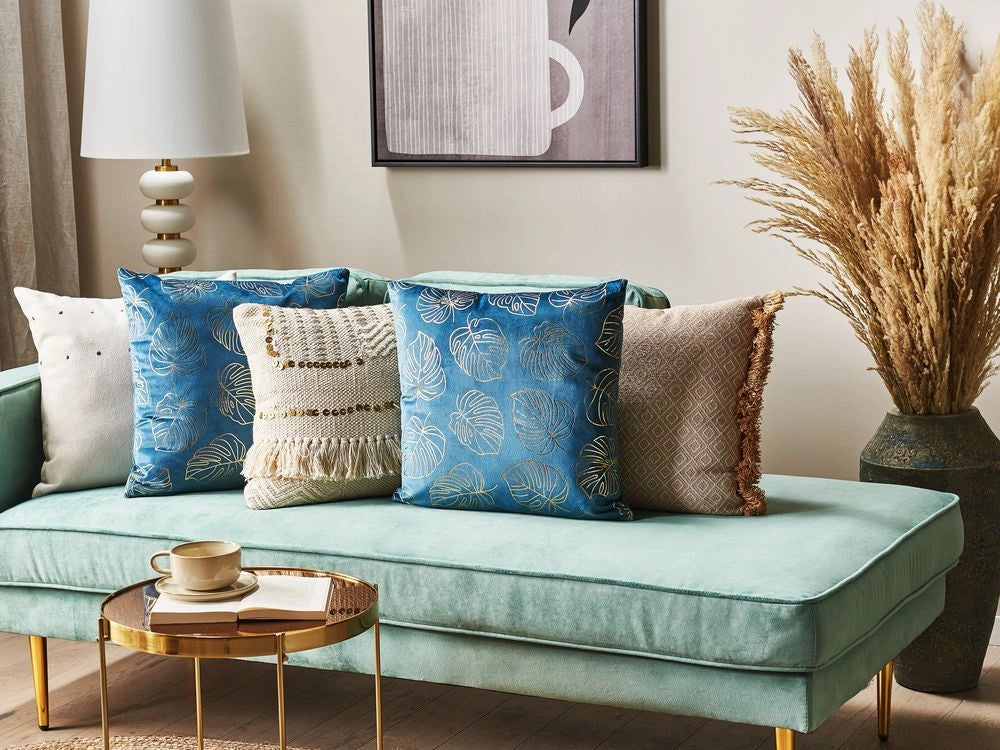 Set di 2 cuscini decorativi velluto Blu 45 x 45 cm Foglia Stampa Glamour Decor Accessori