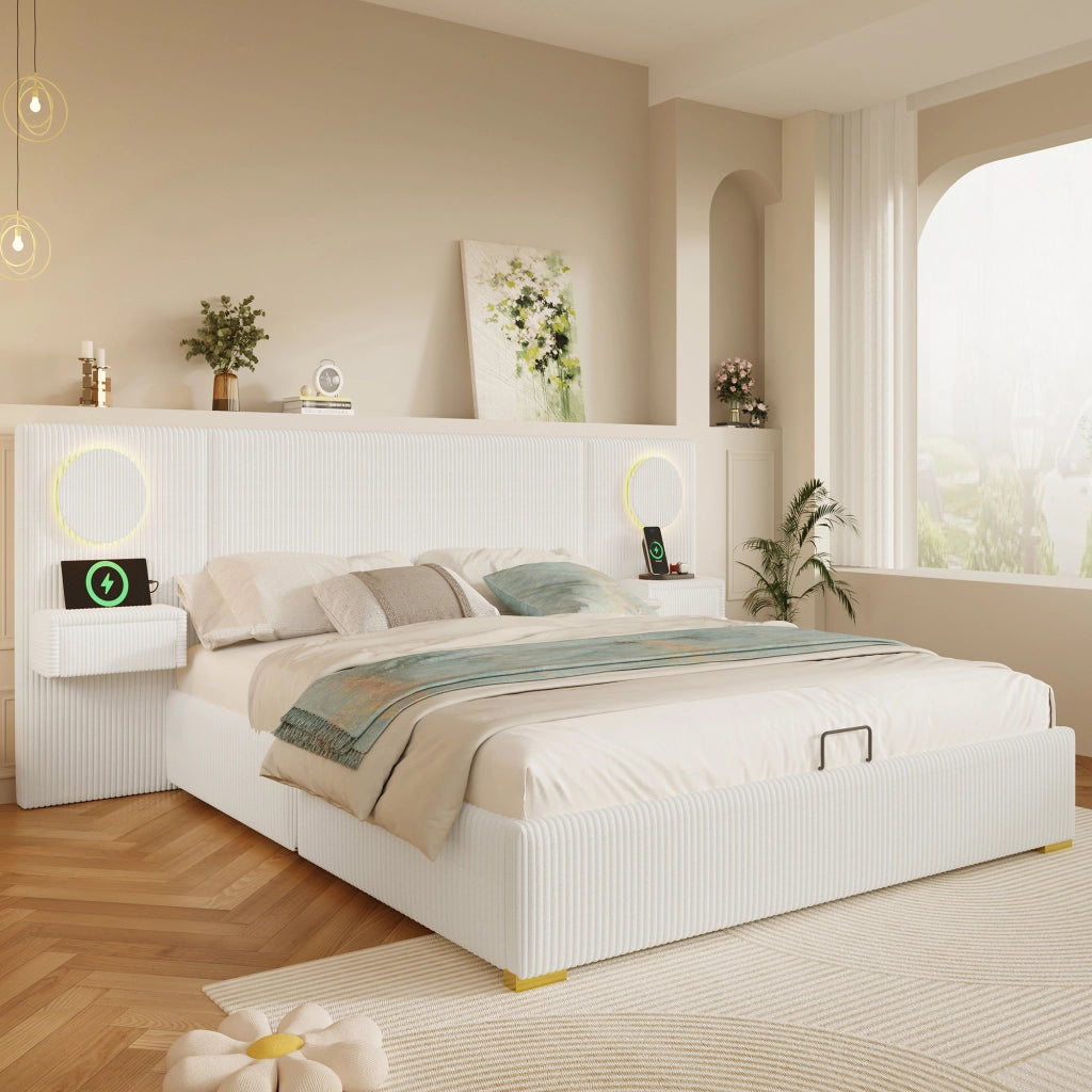 Letto Contenitore 180x200 cm Letto Matrimoniale; USB; LED e contenitore in Velluto Beige