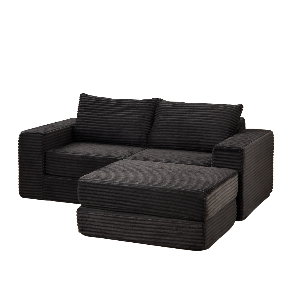 Divano letto modulare con pouf rimovibile, braccioli quadrati e configurazione flessibile in velluto a coste nero