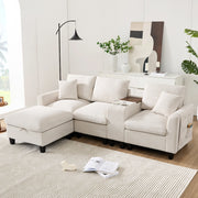 Divano angolare modulare ULEVR 229x149,5 cm con pouf contenitore, console USB e portabevande, beige