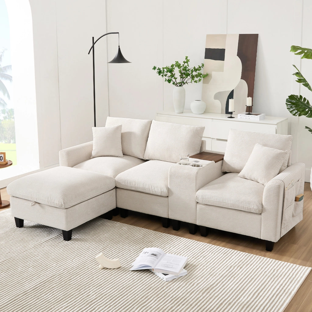 Divano angolare modulare ULEVR 229x149,5 cm con pouf contenitore, console USB e portabevande, beige