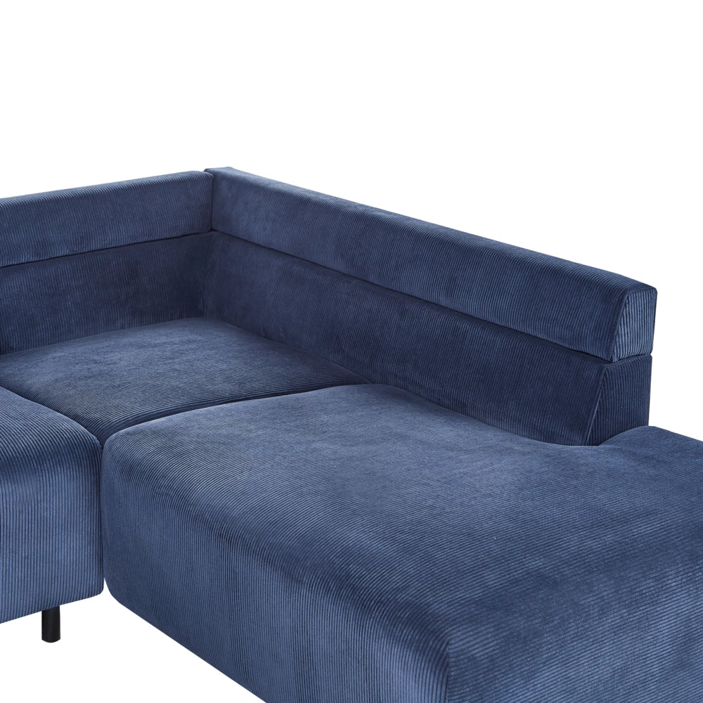 Divano ad angolo in velluto a coste blu e gambe in metallo design retrò stile moderno