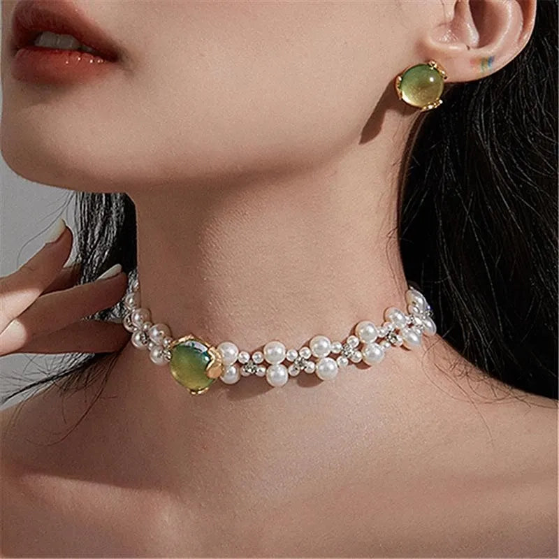 Set di orecchini e collana con pietre preziose verdi: argento S925, gioielli fatti a mano