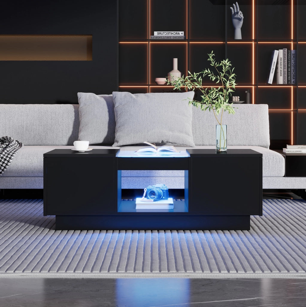 Tavolino da caffè nero LED con 2 cassetti, 100x50x35,5 cm